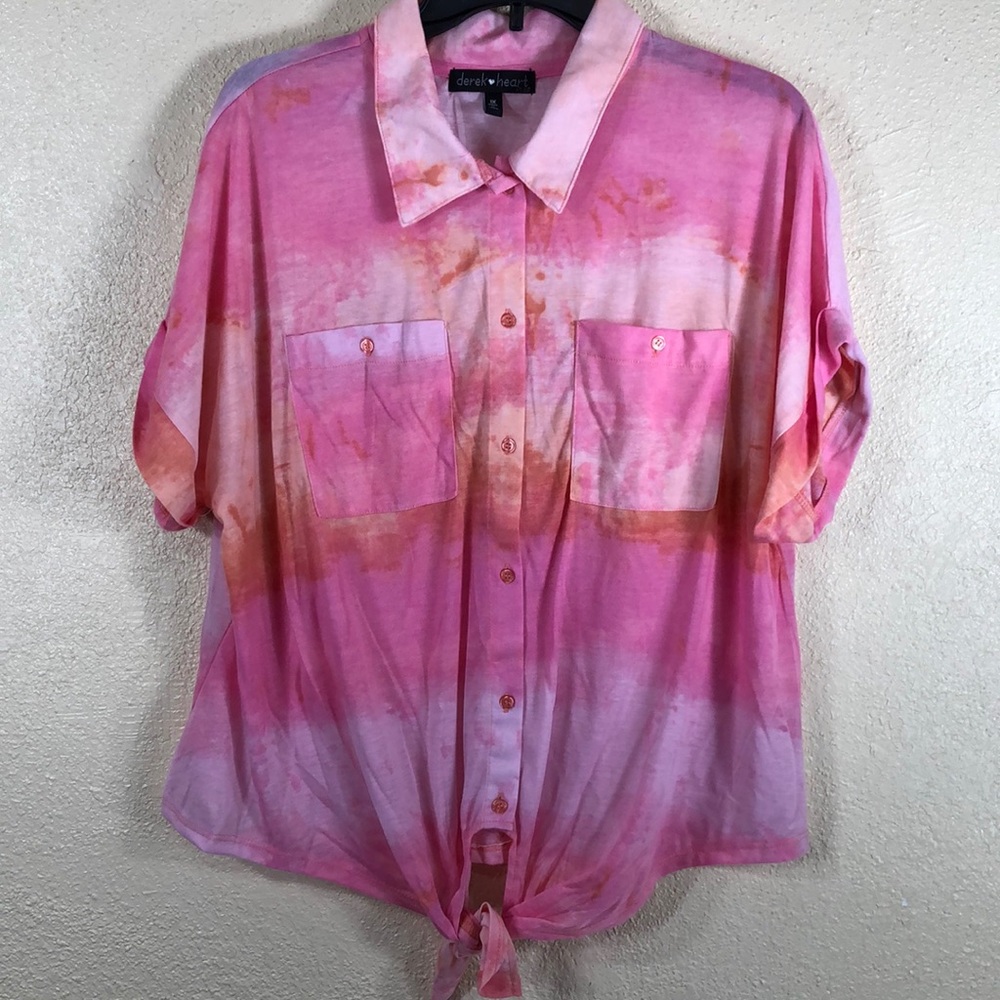 Derek Heart Plus Top Blouse  1X  Pink Orange Tie Dye Short Sleeve Stretchy